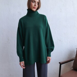 Women Wool Sweater With Side Slits Green Turtleneck Pullover Soft Knit Jumper Gift for Her One Size Sweater image 2