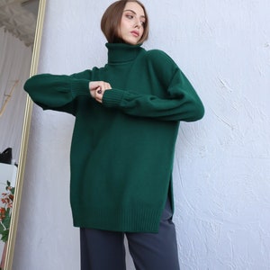 Women Wool Sweater With Side Slits Green Turtleneck Pullover Soft Knit Jumper Gift for Her One Size Sweater Green