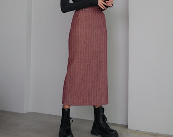Midi Luxurious Wool Skirt Lining Skirt High Waist Slit Skirt with Pockets
