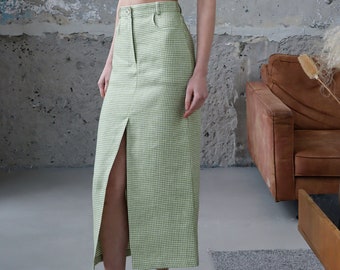 Midi Linen Skirt with Front Slit Green Linen Skirt Slit Skirt with Pockets High Quality Straight Midi Skirt For Women High Waisted Skirt