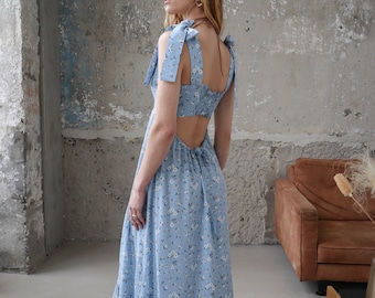 Sky Blue Floral Dress Open Back Midi Dress Boho Hippie Flower Sundress Romantic Cutout Dress for Women Bow Gorgeous Dress