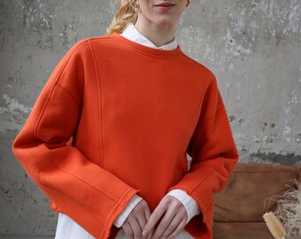 Cropped Sweatshirt High Quality Cropped Crew Orange Sweatshirt Women's Wide Sleeve Top Raw Edge Blank Crewneck Pullover