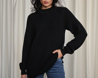 Women Merino Wool Sweater With Side Slits  Black Сrew Neck Sweater Knitted Jumper Gift for Her