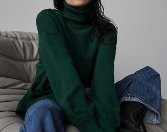 Women Wool Sweater With Side Slits Green Turtleneck Pullover Soft Knit Jumper Gift for Her One Size Sweater