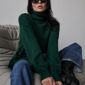 Women Wool Sweater With Side Slits Green Turtleneck Pullover Soft Knit Jumper Gift for Her One Size Sweater image 1
