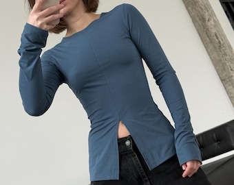 Blue Long Sleeve Top: Fitted Stretch Jersey Longsleeve with Front Slit, Elegant Women’s Viscose Blouse