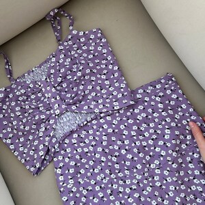 Purple Floral Bow Top, Floral Crop Top, Double Layer Spaghetti Tank Top image 2