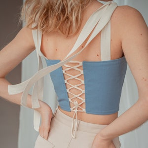 Blue Cotton Corset Top With Wide Ribbons Western Corset Ballet Core Top
