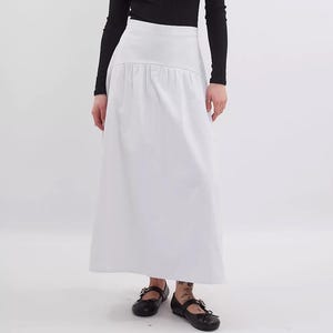 White Cotton Midi Drop Waist Skirt: Victorian High Waisted Basque A-Line Style for Women