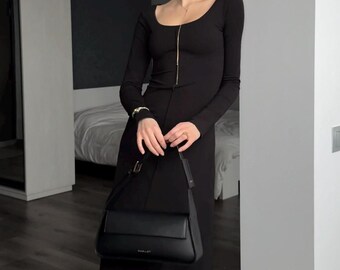 Lulus - Basic Bae Black Washed Ribbed Bodycon Midi Dress - Size M