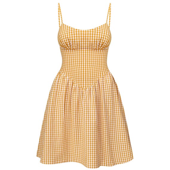 Yellow Gingham Linen Mini Dress: Basque Waist Cottagecore Sundress Yellow Gingham Linen Mini Dress: Basque Waist Cottagecore Sundress