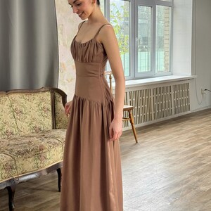 Brown Tencel Dress Western Bridal Dress Cottagecore Drop Waist Dress Bridesmaids Dress Wedding Guest Dress Boho Summer Maxi Dress
