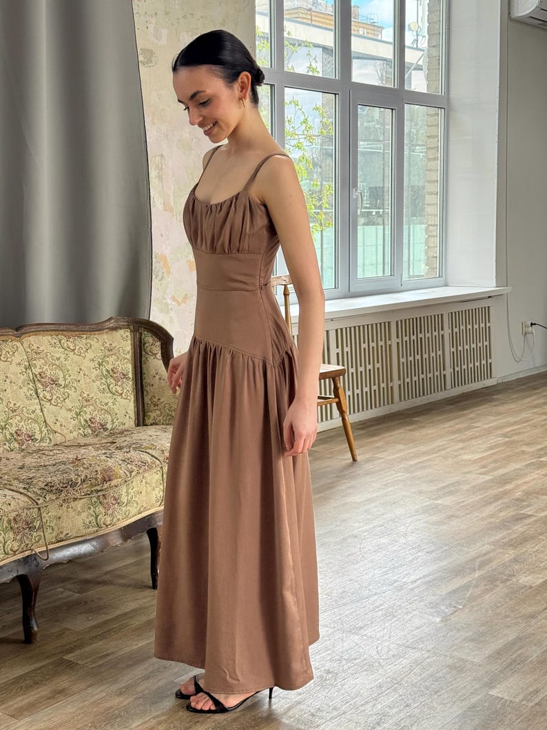 Brown Tencel Dress Western Bridal Dress Cottagecore Drop Waist Dress Bridesmaids Dress Wedding Guest Dress Boho Summer Maxi Dress