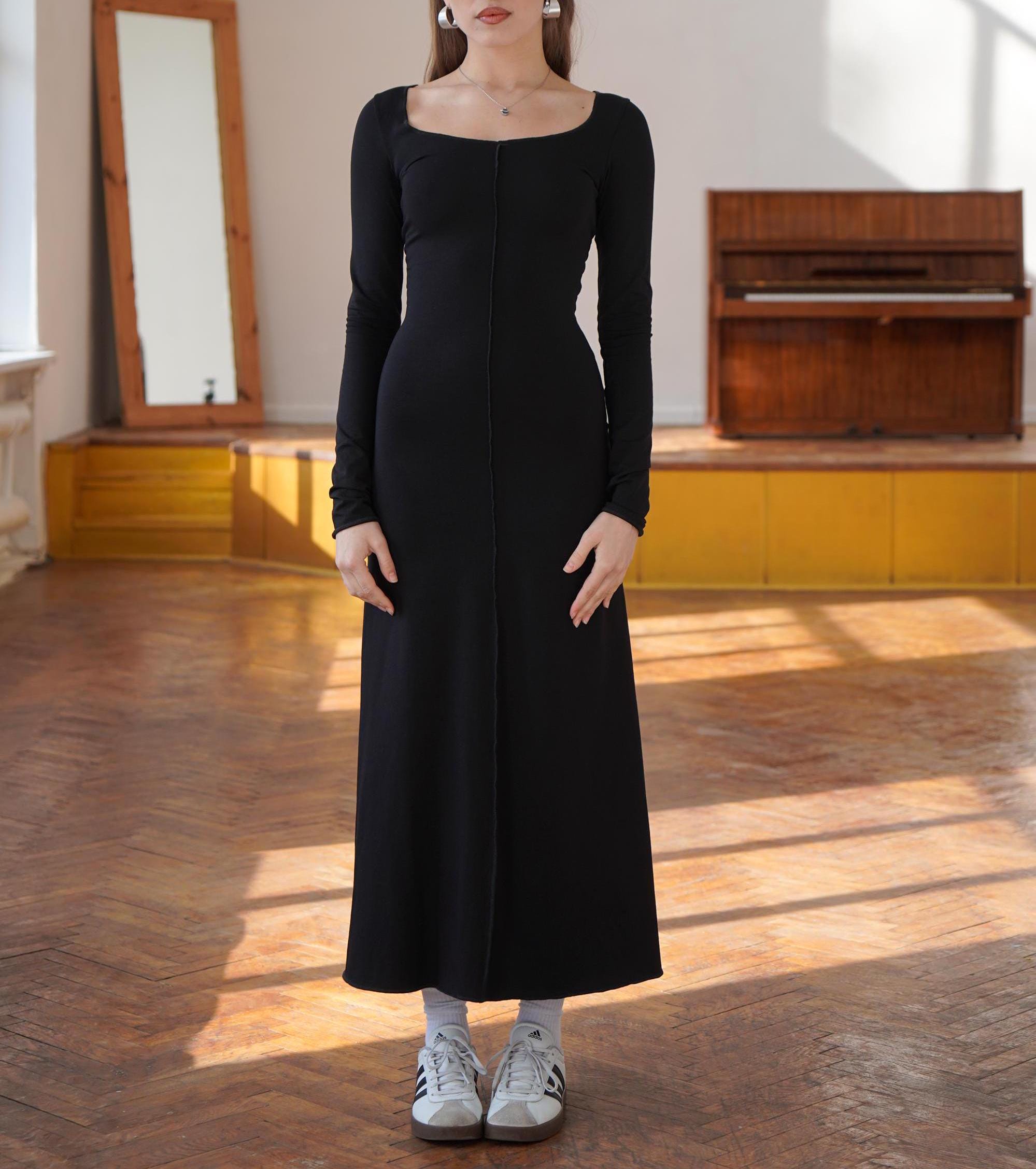 knee length dresses for ladies Autumn Maxi Simple Round Collar Knee-Length Sexy Elegant Dress Long Sl