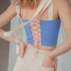 Blue Cotton Corset Top with Wide Ribbon Ties, Coquette Ballet Core Aesthetic Crop Top, Lace Up Back Double Layered Summer Bustier