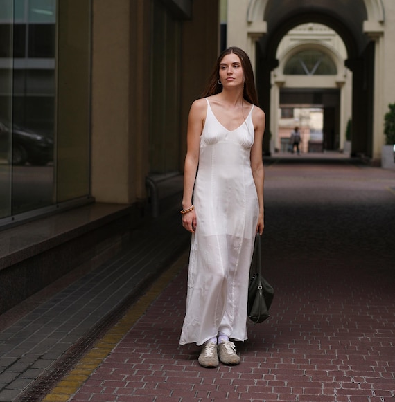 women dress cotton satin White Minimalist Bridal Maxi Dress: Sheer Italian Cotton-viscose Blend rich composition with a Explore A. Lange & Size:US 6.5-7/ UK 6 Flower Girl Maxi dress