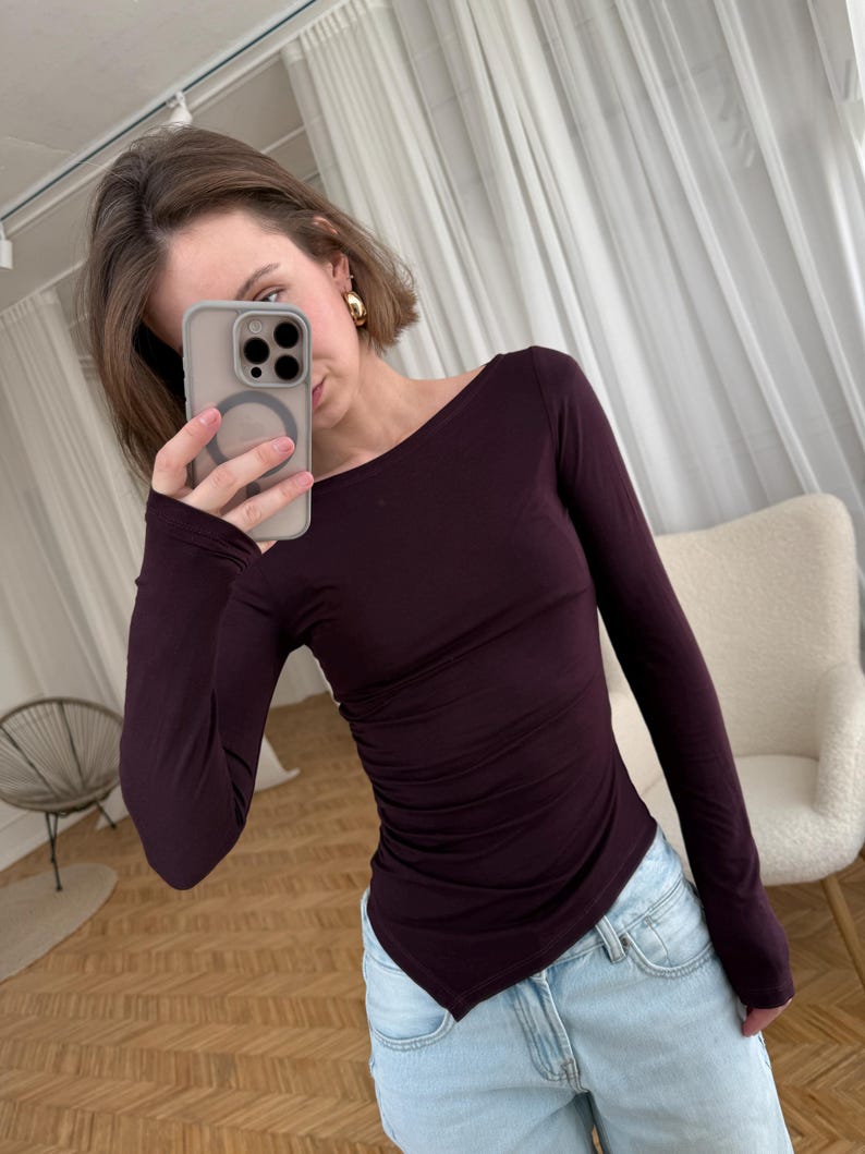 Asymmetrical Plum Long Sleeve Top: Soft Viscose Jersey, Minimalist Slim Fit Shirt, Elegant Evening Top