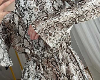 Long Sleeve SnakeSkin Mini Cocktail Dress: Fall Bell Sleeve Animal Print Asymmetrical Hem Outfit