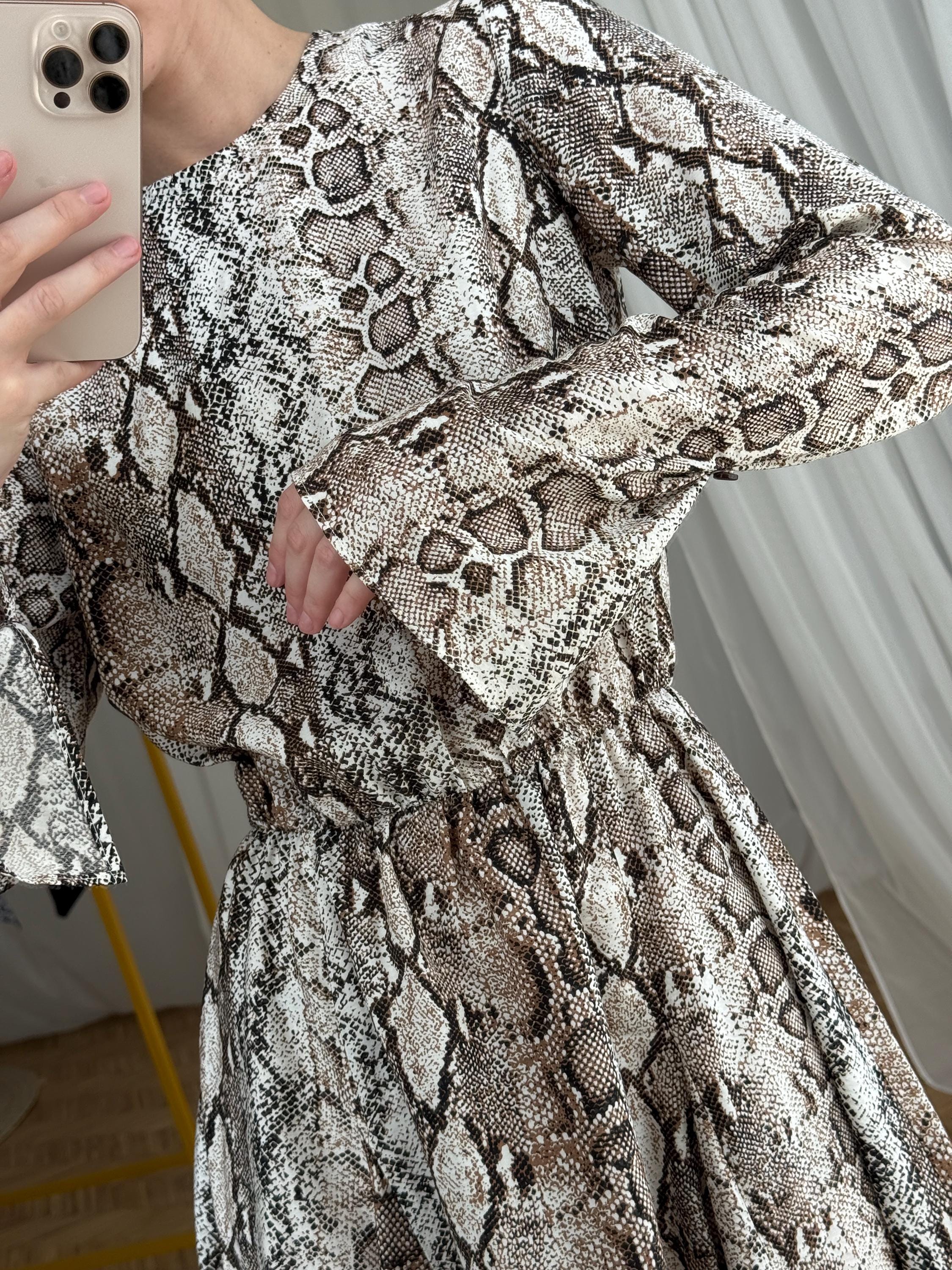 long sleeve snake print dress Warehouse Women's Snake Panelled Print Mesh Midi Dress