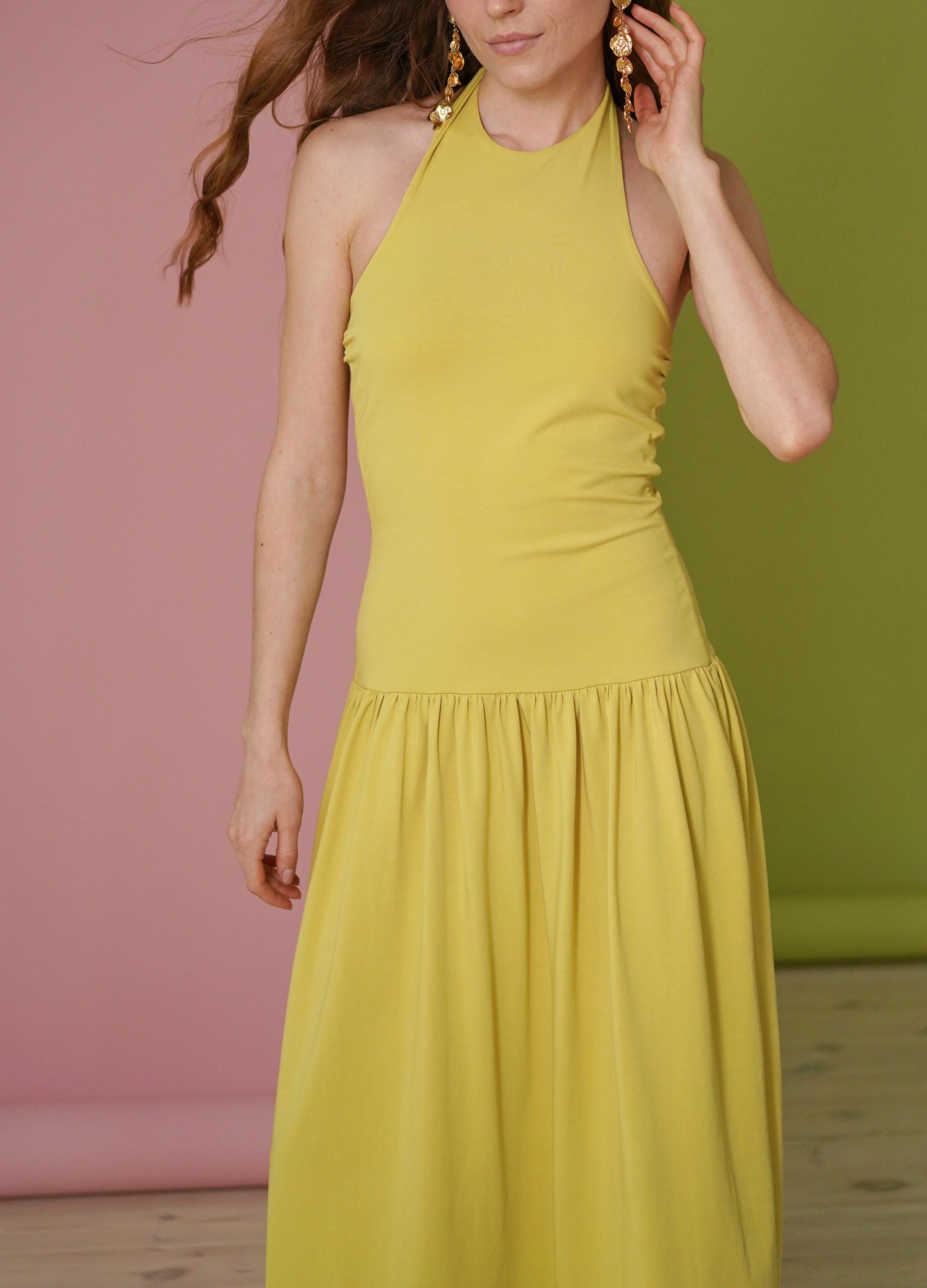 Pale Yellow Halter Neck Cotton Jersey Dress: Fitted Bodycon Maxi Drop Waist Sundress Pale Yellow Halter Neck Cotton Jersey Dress: Fitted Bodycon Maxi Drop Waist Sundress