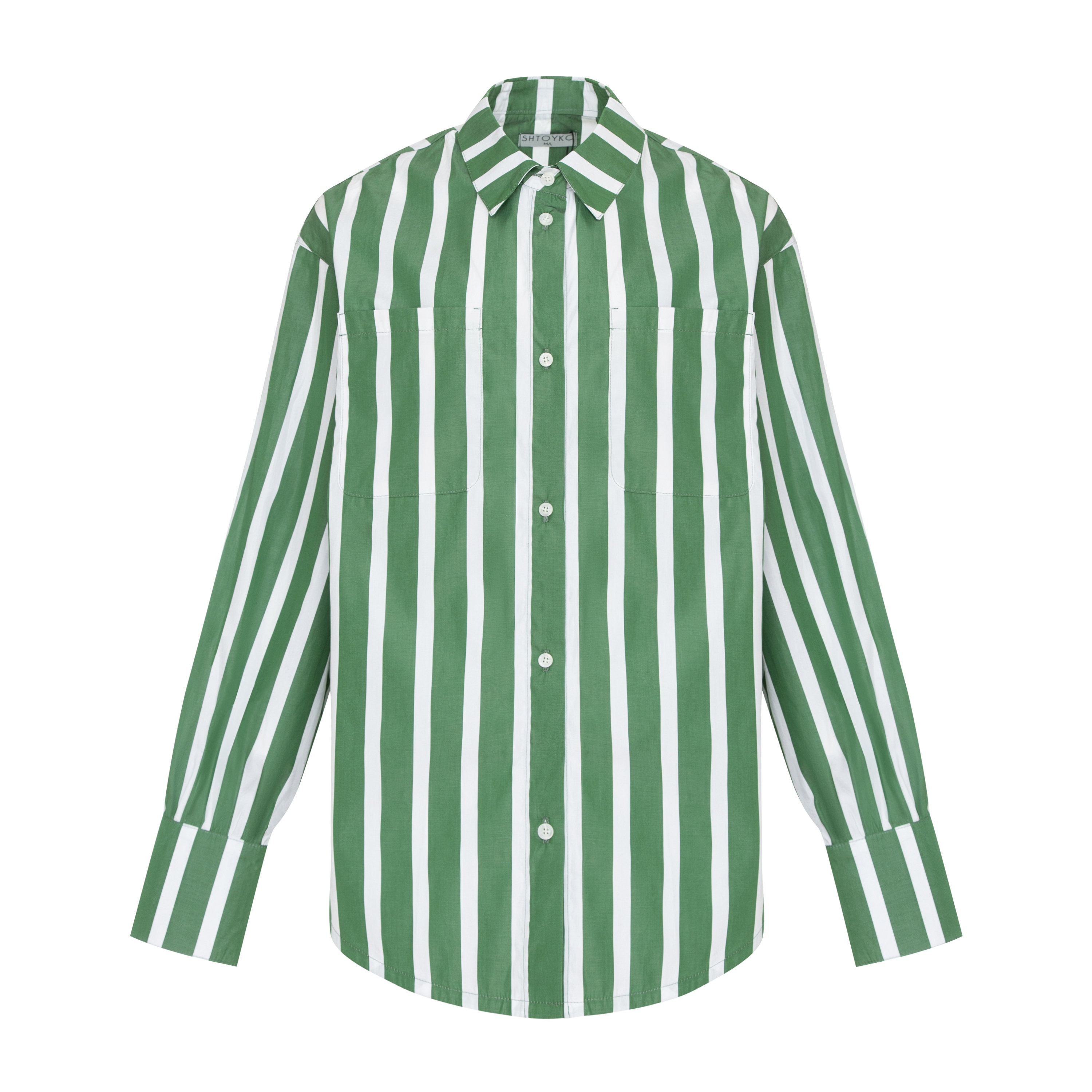 ★PARTIMENTO★ Multi Stripe Collar Long Sleeve Green Green Striped Shirt for Women, Long Sleeve Oversized Button