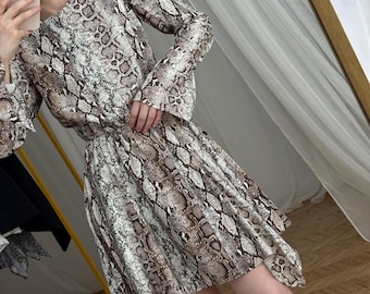Long Sleeve Snake Skin Mini Dress: Animal Print Cocktail Bell Sleeves Asymmetrical Handkerchief Hem