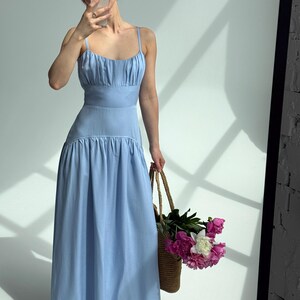 Blue Milkmaid Drop Waist Tencel Maxi Dress, Cottagecore Basque Bridesmaid Dress, Coquette Regencystore Wedding Guest Gown