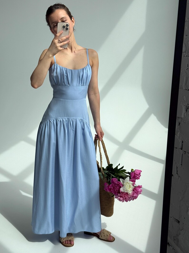 Blue Milkmaid Drop Waist Tencel Maxi Dress, Cottagecore Basque Bridesmaid Dress, Coquette Regencystore Wedding Guest Gown