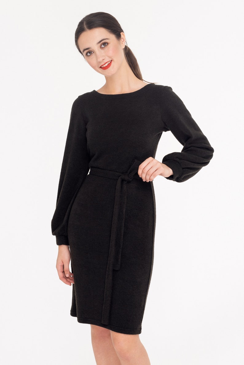 Black Angora Soft Wool French Midi Winter dress with | Etsy