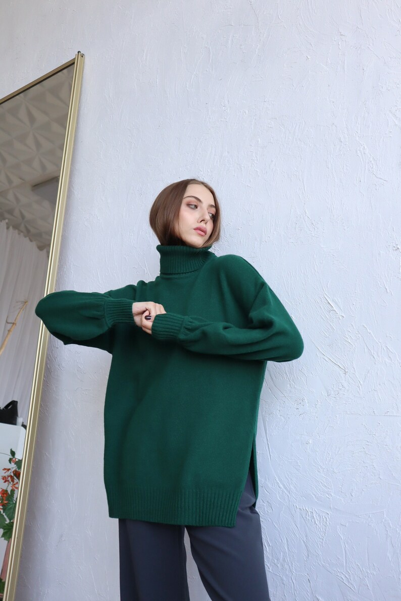 Women Wool Sweater With Side Slits Green Turtleneck Pullover Soft Knit Jumper Gift for Her One Size Sweater Green