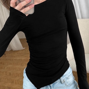 Asymmetrical Boat Neck Long Sleeve Top: Soft Viscose Jersey Black Slim Fit Shirt, Elegant Evening Twisted Blouse