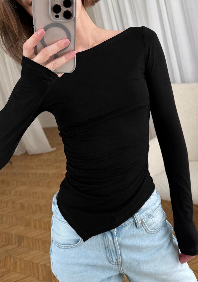 Asymmetrical Boat Neck Long Sleeve Top: Soft Viscose Jersey Black Slim Fit Shirt, Elegant Evening Twisted Blouse