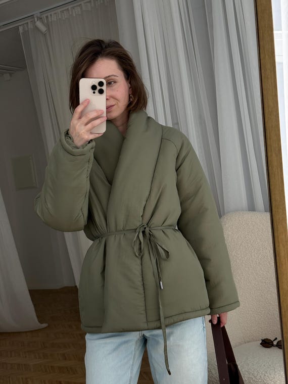 Khaki Japanese Wrap Jacket: Winter Kimono Puffer Coat, Women display picture 1