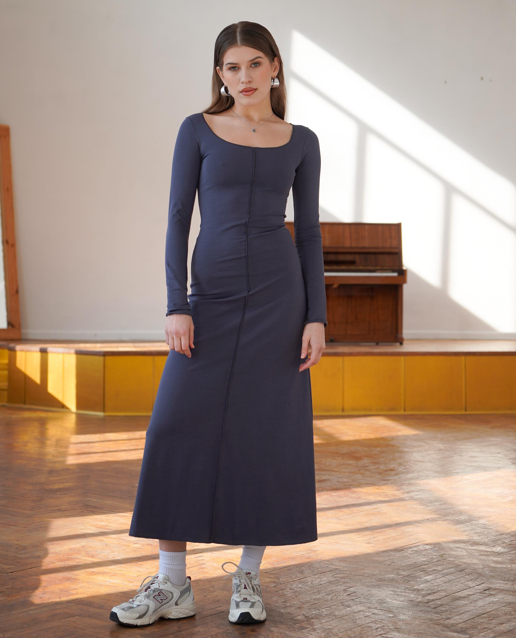 Pink Long Sleeve Jersey Tight Dress: Cotton Fitted Bodycon Minimalist Fit Flare Scoop Neck