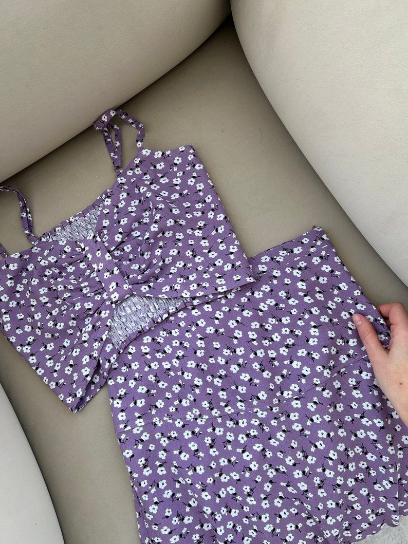 Purple Floral Bow Top, Floral Crop Top, Double Layer Spaghetti Tank Top image 2