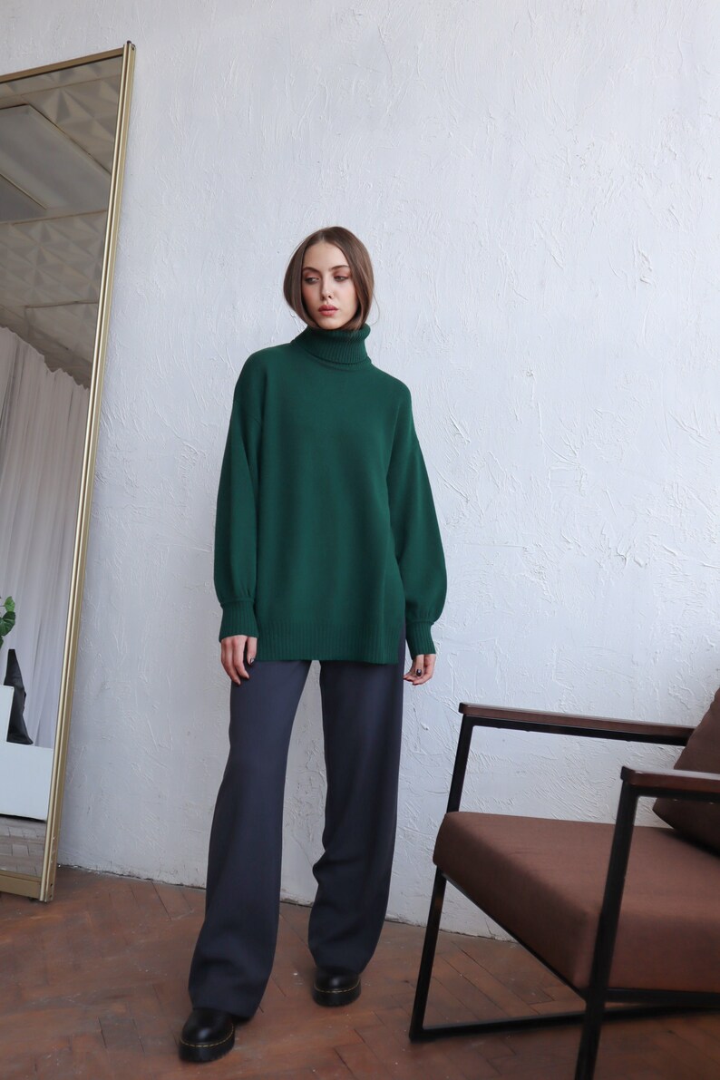 Women Wool Sweater With Side Slits Green Turtleneck Pullover Soft Knit Jumper Gift for Her One Size Sweater image 4