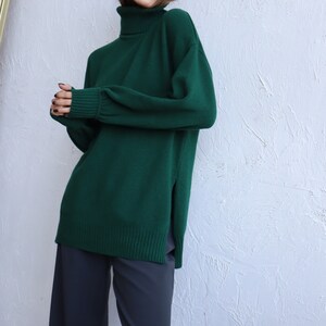 Women Wool Sweater With Side Slits Green Turtleneck Pullover Soft Knit Jumper Gift for Her One Size Sweater image 9