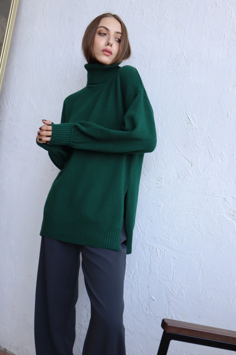 Women Wool Sweater With Side Slits Green Turtleneck Pullover Soft Knit Jumper Gift for Her One Size Sweater image 9