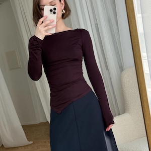 Asymmetrical Plum Long Sleeve Top: Soft Viscose Jersey, Minimalist Slim Fit Shirt, Elegant Evening Top