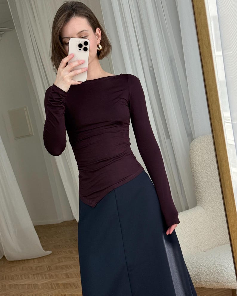 Asymmetrical Plum Long Sleeve Top: Soft Viscose Jersey, Minimalist Slim Fit Shirt, Elegant Evening Top