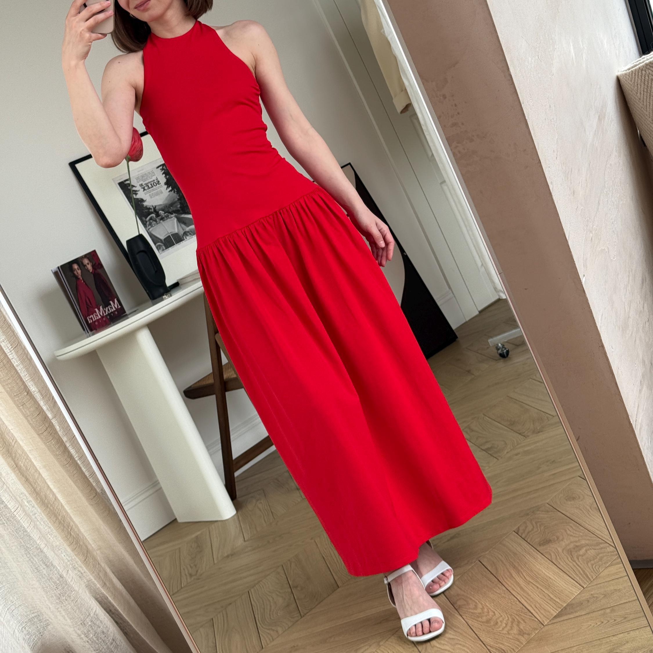 red sleeveless jersey dress Red Cotton Jersey Halter Low Waist Dress: Sleeveless Bodycon Midi Tight Drop Waist Sundress