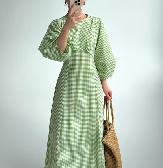 Puff Sleeve Gingham Picnic Dress, Cotton Cottagecore Maxi Dress, Green Romantic Vintage, Fairycore Coquette