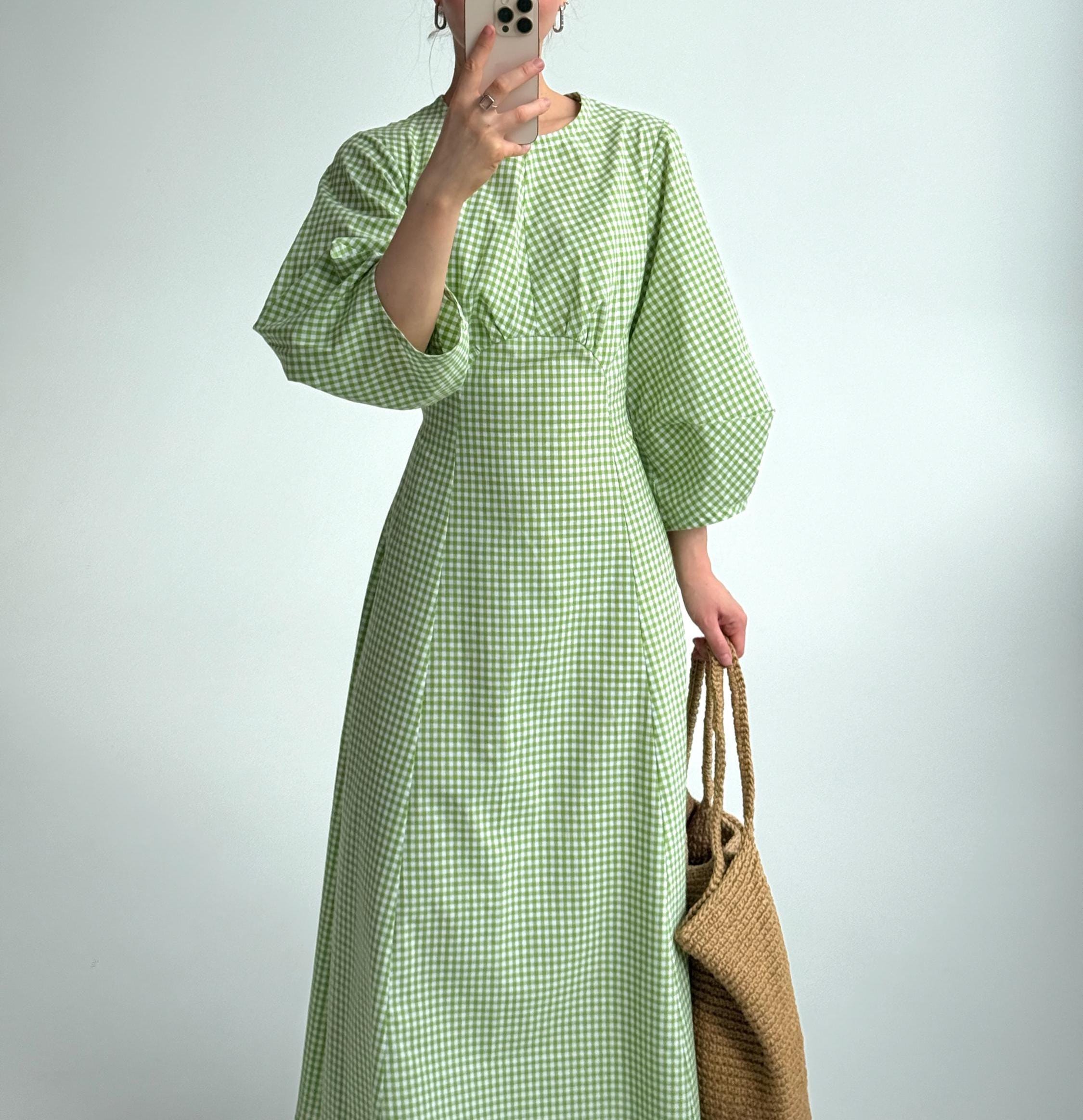 Puff Sleeve Gingham Picnic Dress, Cotton Cottagecore Maxi Dress, Green Romantic Vintage, Fairycore Coquette