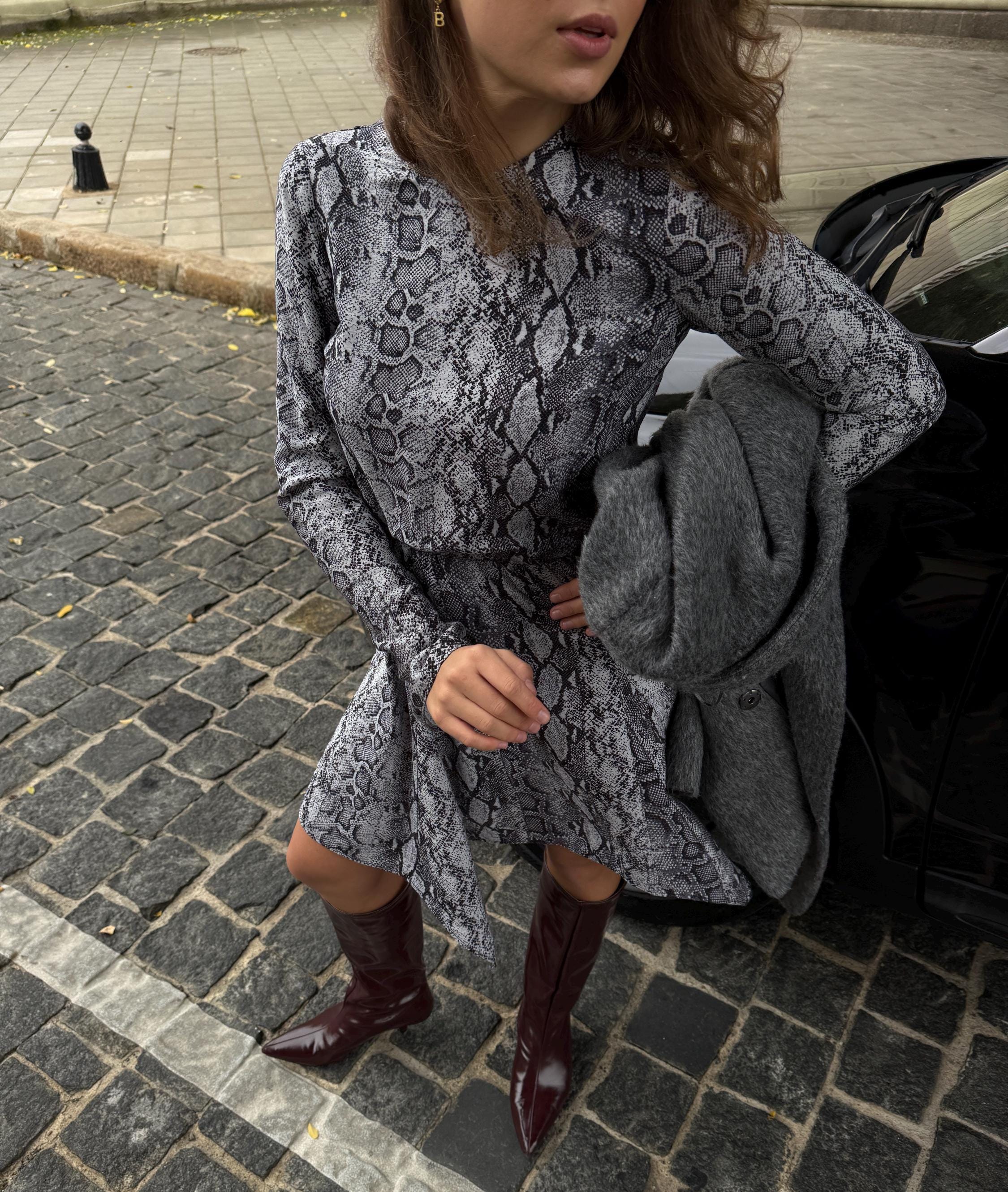 Long Sleeve SnakeSkin Mini Cocktail Dress: Fall Bell Sleeve Animal Print Asymmetrical Hem Outfit