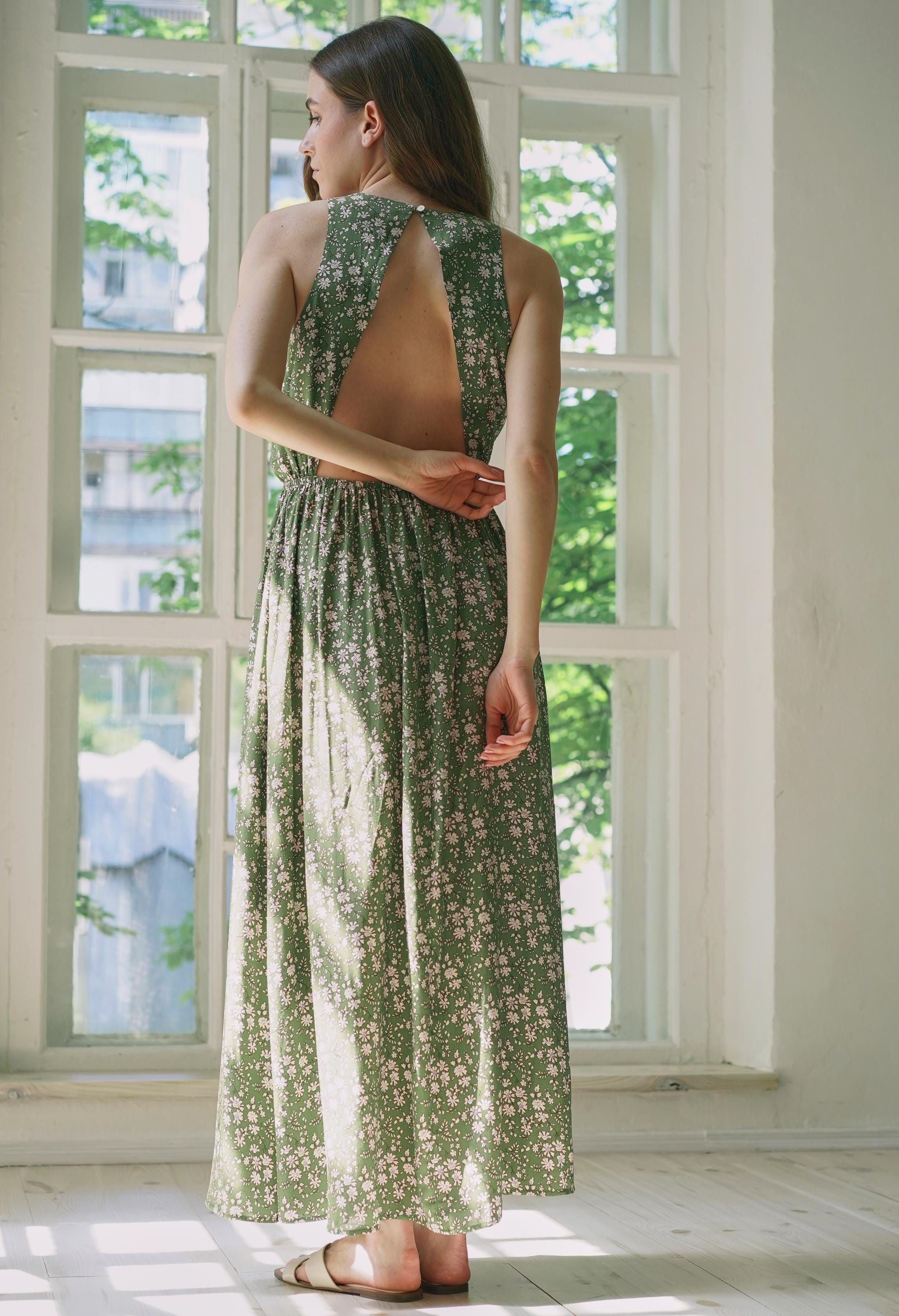 green floral backless dress ASOS DESIGN Petite open back lace insert midi tea dress in green floral print