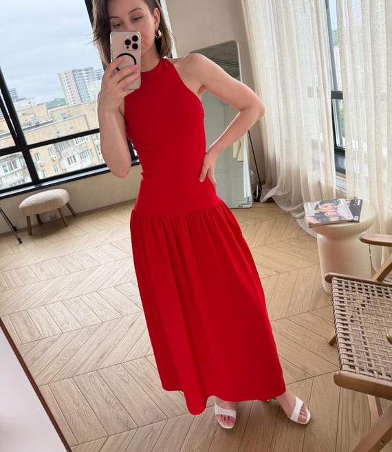 Red Cotton Jersey Halter Low Waist Dress: Sleeveless Bodycon Midi Tight Drop  Waist Sundress - Etsy Israel
