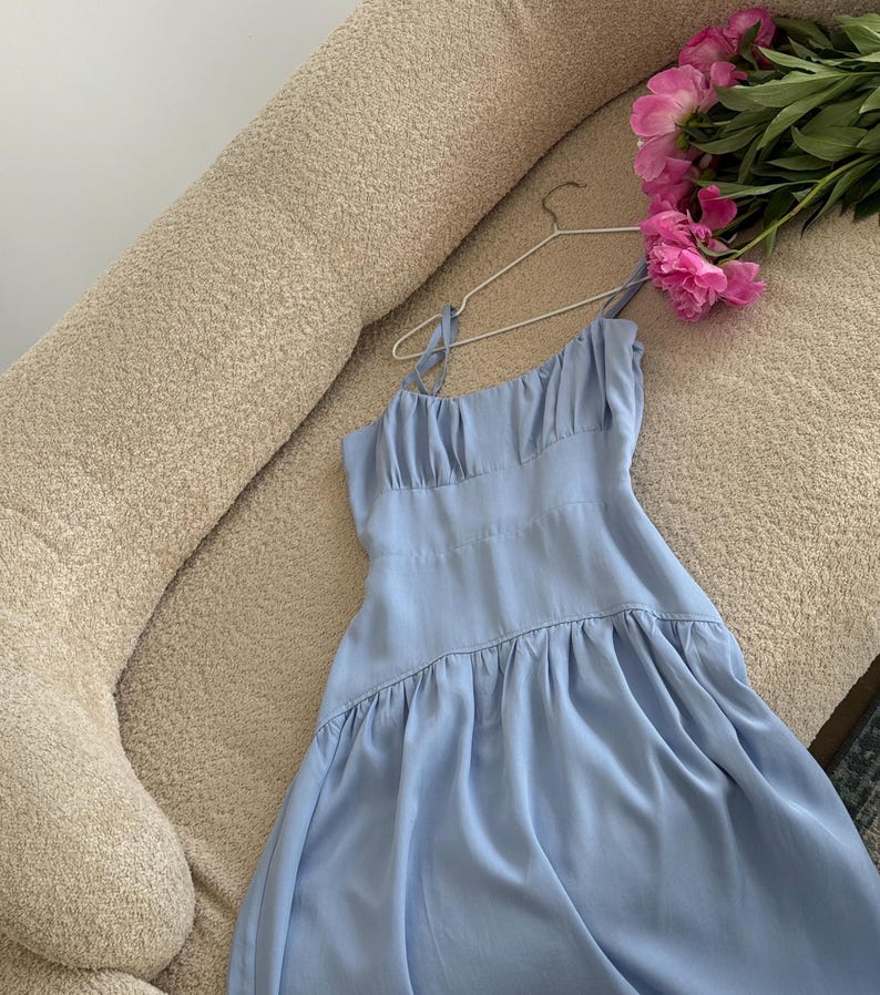 Blue Milkmaid Drop Waist Tencel Maxi Dress, Cottagecore Basque Bridesmaid Dress, Coquette Regencystore Wedding Guest Gown