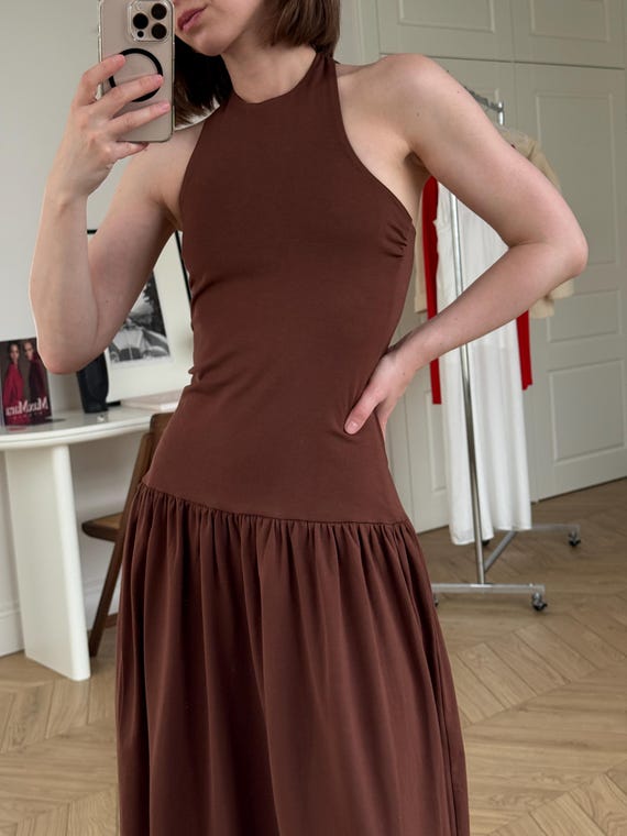 slim fit dress slacks Tight Ruched Long Sleeve Mini Dress, Brown / Xs main image 1
