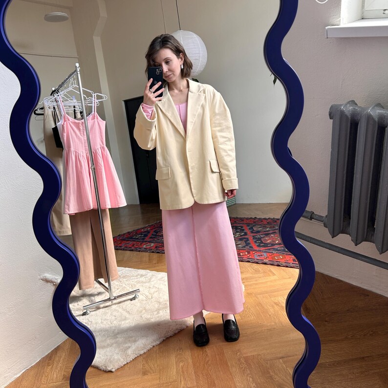 Women’s Oversized Cotton Blazer - Butter Yellow Single-Breasted Jacket, Tailored Suit Jacket Pleated Shoulders, Summer Double Layer Blazer