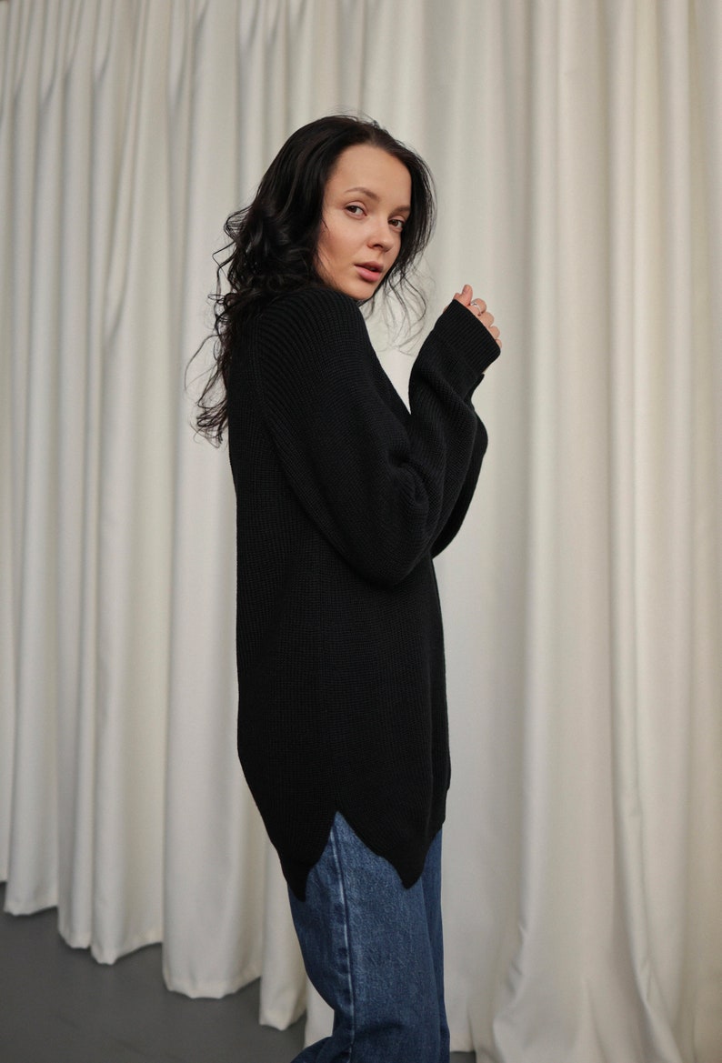 Jersey de lana merino para mujer con aberturas laterales Jersey de punto con cuello redondo color caqui Negro